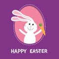 Happy Easter. Bunny rabbit hare holding carrot inside painted egg frame window. Dash line contour. Cute cartoon character. Baby gr Royalty Free Stock Photo