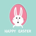 Happy Easter. Bunny rabbit hare inside painted egg frame window. Dash line contour. Cute cartoon character. Surprised emotion. Bab Royalty Free Stock Photo
