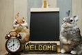 Happy Easter with bunny rabbit and space copy wooden easel background