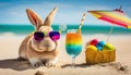 Funny easter bunny with sunshade, cocktail, easter eggs