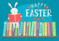 Happy Easter. Easter bunny reading book on bookshelf.