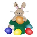 Happy Easter bunny sitting in a hat, with colorful eggs around. Happy Easter. Royalty Free Stock Photo