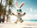 Happy Easter bunny in sunglasses on the beach. Royalty Free Stock Photo