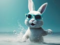 Happy Easter bunny in sunglasses on the beach. Royalty Free Stock Photo