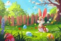 Happy easter bunny tail Eggs Bunny Basket Basket. White rose bud Bunny cartoon. Typography area background wallpaper Royalty Free Stock Photo