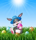 Happy easter bunny wearing a hat carrying easter eggs in the grass Royalty Free Stock Photo