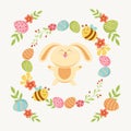 happy Easter bunny, which is surrounded by flowers and eggs of different shades. Hand-drawn vector illustration in cartoon style. Royalty Free Stock Photo