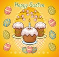 Happy Easter. Cakes and colored eggs. Decorated pie. Painted eggshell and kulich as holiday symbol. Greeting card. Vector