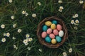 Happy easter calligraphic card Eggs Uplift Basket. White Blue sky Bunny collection. Charming background wallpaper