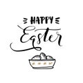 Happy Easter calligraphic greeting card, invitation with handwritten text and doodle bowl of eggs. Lettering concept Royalty Free Stock Photo