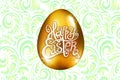 Happy Easter. Calligraphy lettering. Beautiful greeting card. golden egg with abstract green ornament. Vector. white backround art Royalty Free Stock Photo