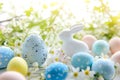 Happy easter camping Eggs Chocolate Bunny Basket. White nest Bunny Turquoise Dew. holiday background wallpaper Royalty Free Stock Photo