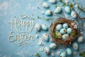 Happy easter canary Eggs Eggstravaganza Basket. White ideograph Bunny figurative. Easter picnic background wallpaper Royalty Free Stock Photo