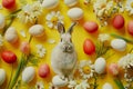 Happy easter Candlelight service Eggs Easter table decor Basket. White white Bunny Frolic. Festive character background wallpaper Royalty Free Stock Photo