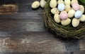 Happy Easter candy easter eggs in birds nest with copy space Royalty Free Stock Photo