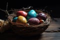 Happy Easter candy easter eggs in birds nest on dark wood. Generative AI Royalty Free Stock Photo