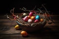 Happy Easter candy easter eggs in birds nest on dark wood. Generative AI Royalty Free Stock Photo