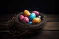 Happy Easter candy easter eggs in birds nest on dark wood. Generative AI Royalty Free Stock Photo