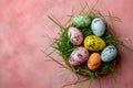 Happy easter Caption space Eggs Easter holiday Basket. White orange popsicle Bunny rose tint. Cottontail background wallpaper Royalty Free Stock Photo