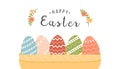 Happy Easter capture with plant brunches and blooming flowers. Decorated different ornaments eggs in basket. Festive