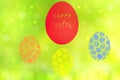 Happy easter card. Abstract yellow spring happy easter background with colorful eggs. Happy easter text on one egg. Copy space.