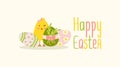 Happy Easter card background with a cute yellow chick, decorated eggs, and a festive bow. Royalty Free Stock Photo