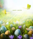 Art Happy Easter card or banner background; Spring flowers and easter eggs Royalty Free Stock Photo