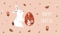 Happy Easter card, banner with Bunnies Easter eggs, flowers in trendy style. Folk art. Vecto