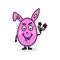 Crazy Easter bunny, rabbit mascot character in shape of an egg holding flowers