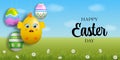 happy easter card. easter banner with funny eggs on spring landscape