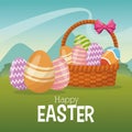 Happy easter card basket egg ornament landscape Royalty Free Stock Photo