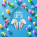 Happy Easter card with bunny ears hiding in egg hole and colorful eggs on blue background Royalty Free Stock Photo