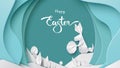 Happy Easter card with bunny rabbit shape, eggs on colorful modern pastel background. Copy space for text vector illustration with