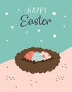 Happy easter card of cartoon nest with eggs