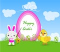 Happy Easter card with chick and rabbits nearby eggs