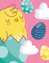 Happy easter card chicken on eggshell eggs clouds decoration Royalty Free Stock Photo