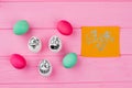 Happy Easter card and colorful eggs. Royalty Free Stock Photo