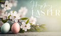Happy Easter card concept. Pastel Easter eggs and spring apple blossoms. Generative AI Royalty Free Stock Photo