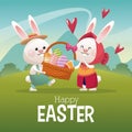 Happy easter card couple bunny basket egg landscape Royalty Free Stock Photo