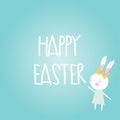 Happy Easter card cute bunny rabbit wearing bow dress blue background