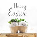 Happy Easter card. Cute Easter eggs with a painted face in a spring wreath with copy space for text. Happy easter Royalty Free Stock Photo