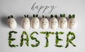 Happy Easter card. Cute Easter eggs with a painted face in a spring wreath with copy space for text. Isolated on white background Royalty Free Stock Photo