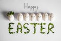 Happy Easter card. Cute Easter eggs with a painted face in a spring wreath with copy space for text. Isolated on white background Royalty Free Stock Photo