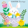 Happy easter card design with cute bunny, chicken on the eggshell and flowers Royalty Free Stock Photo