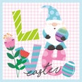 Happy easter card design with love gnome, eggs and flowers Royalty Free Stock Photo