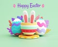 Happy Easter card design template with painted eggs and rabbit ears in pastel colors. Colorful modern cartoon style. Poster,