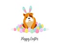 Happy Easter card, dog wearing bunny costume surrounded by Easter eggs Royalty Free Stock Photo