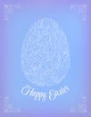 Happy Easter Card. Doodle ornate white floral egg and lettering on blue background. Royalty Free Stock Photo