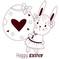 Happy Easter card with Easter bunny. A cute hare girl with a large Easter egg in her paws and bows on her ears. Vector, outline