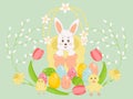 Happy Easter card. Easter bunny in a wicker basket, chicken, duckling, eggs, willow, flowers, tulips, daffodils.